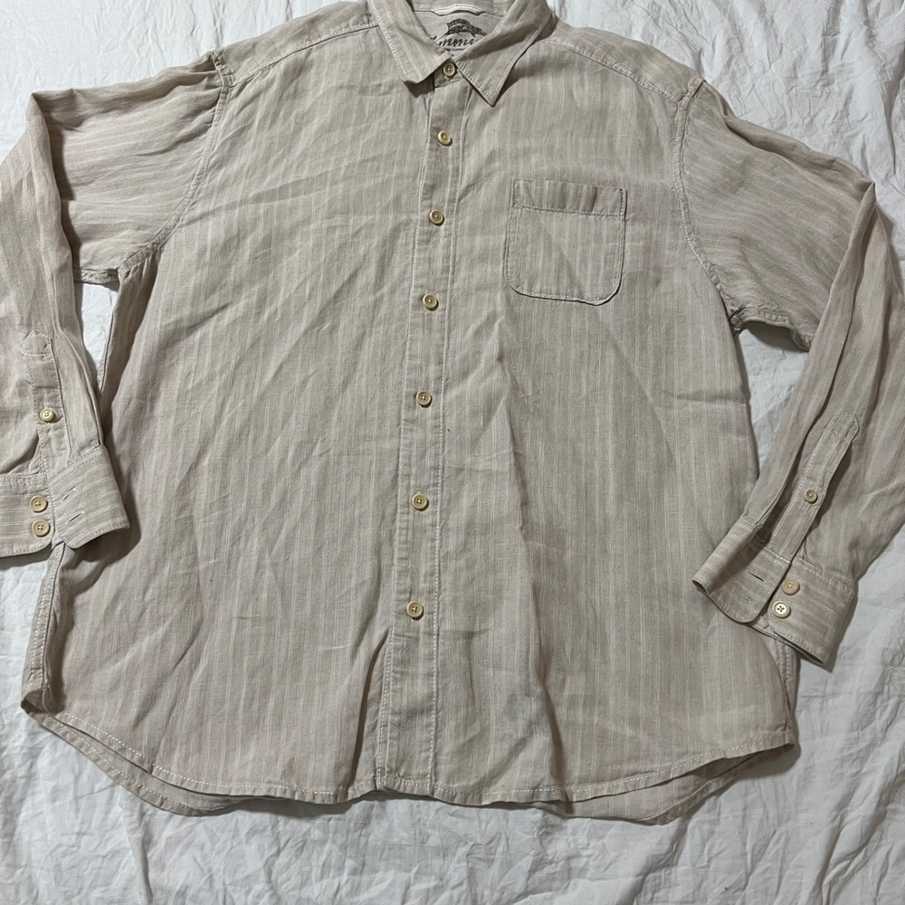 Tommy Bahama Long Sleeve Linen Button up Khaki/White Shirt (X-Large)